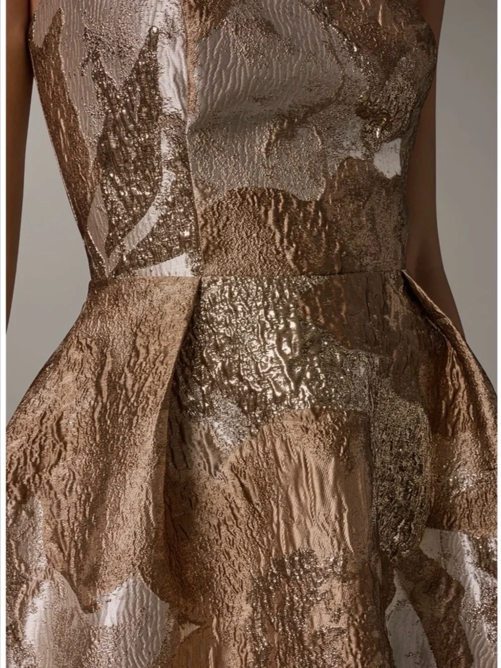 BROCADE STRAPLESS PLEATED MIDI GOWN